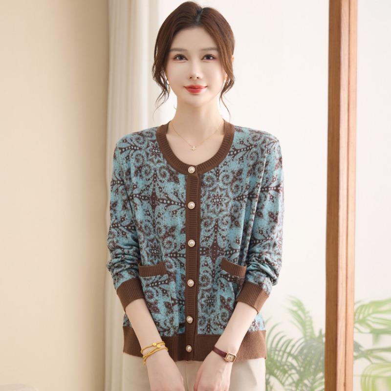 Mom autumn bottoming sweater cardigan knitted sweater jacket new round neck medium and old casual loose top