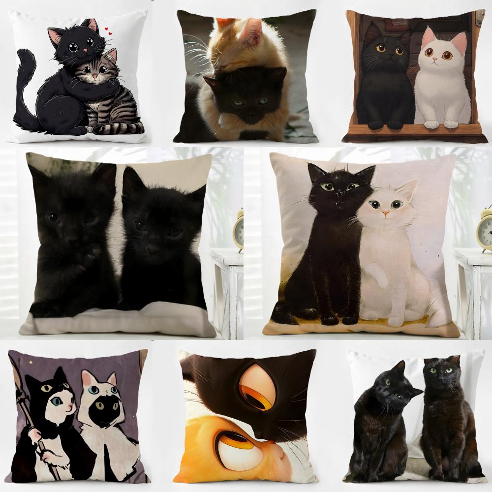 LLittle Black Cat Couple Cushion Cover Pillow Case Soft Friendly Fabric Concealed Zipper