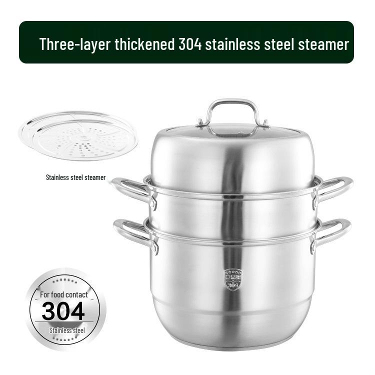Extra Large 304 Stainless Steel Steamer with Glass Lid, 28-34cm, Dual/Triple Layer and Composite Bottom, Steel Handle