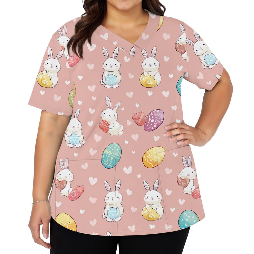 Women's Fashionable V-neck Short-sleeved Work Top With Double Side Slits And Pockets, Featuring Easter Bunny And Egg Prints.