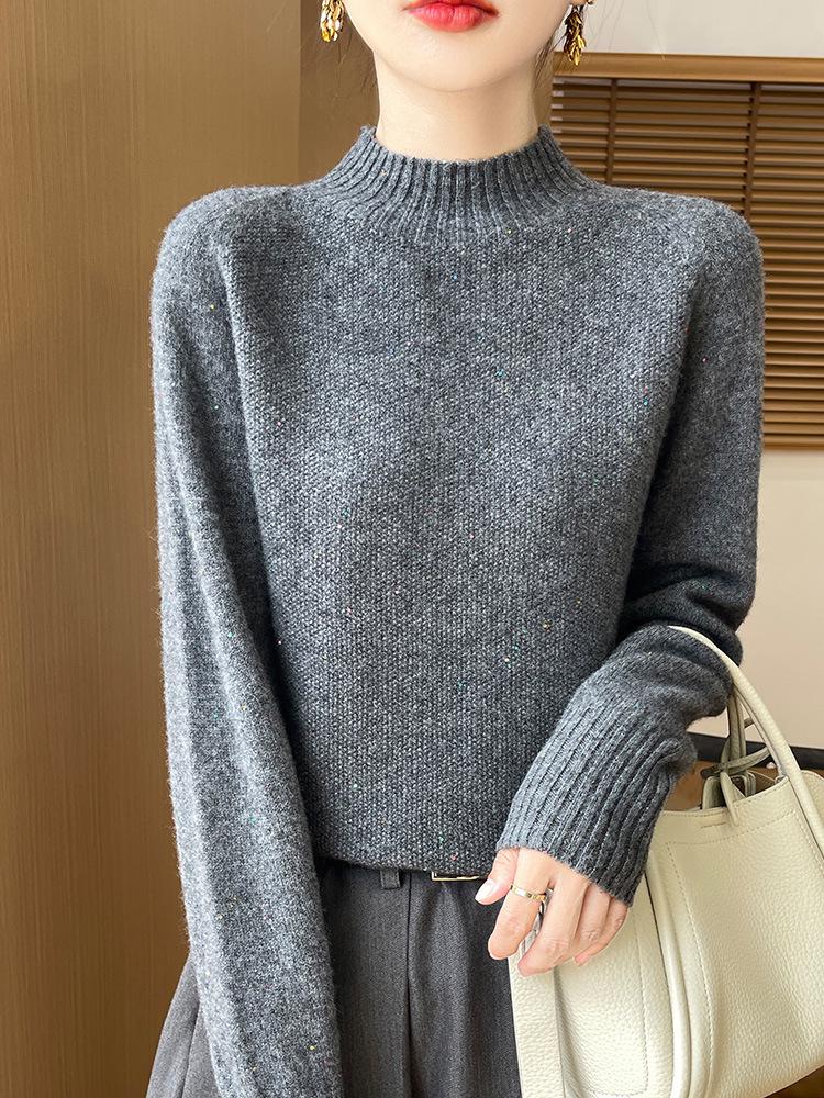 2024 Autumn/Winter High Neck Beaded Wool Sweater - Long Sleeve, Loose Fit