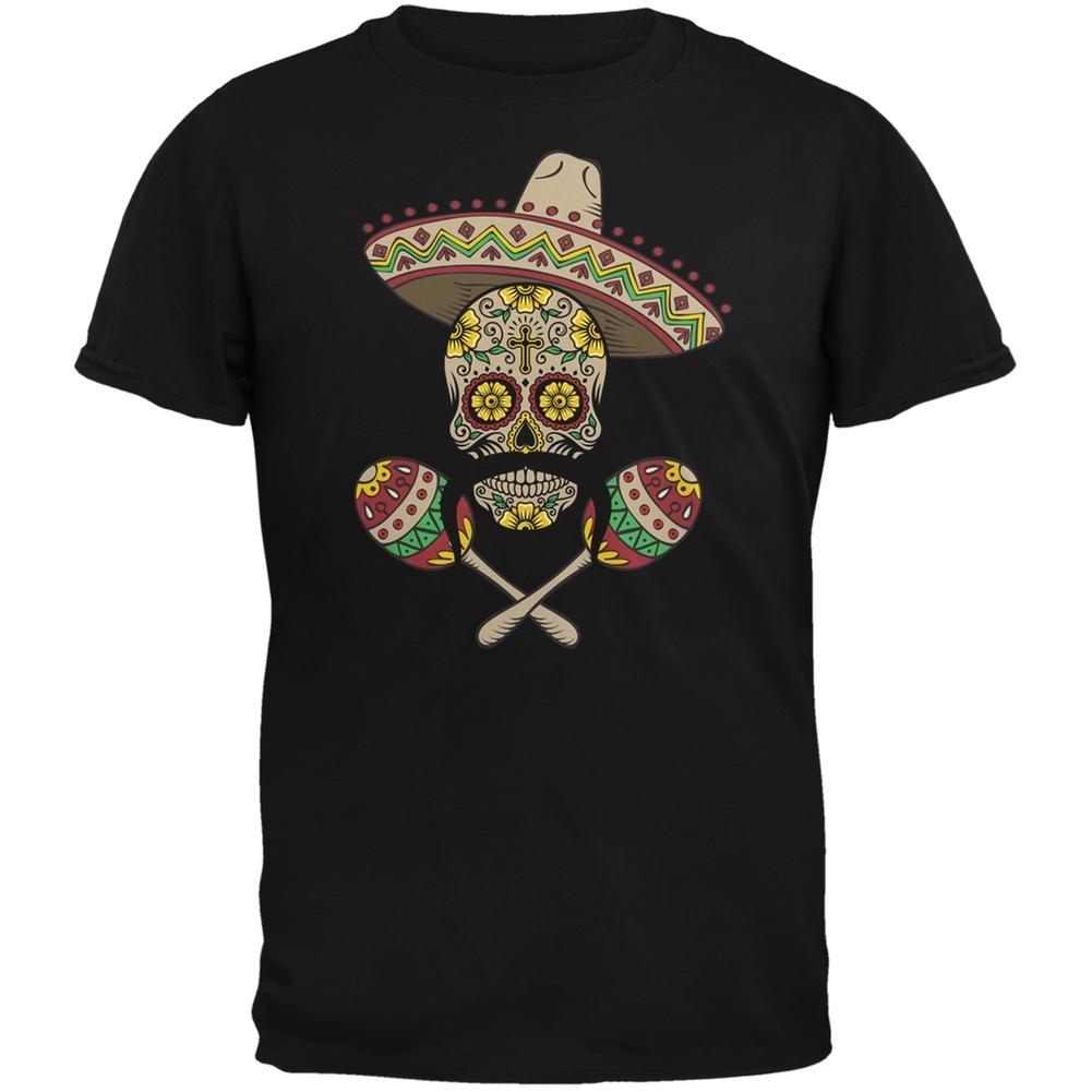 Cinco de Mayo - Sombrero Skull Maracas Crossbones Black Adult T-Shirt S