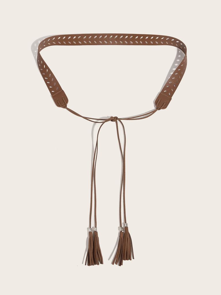 Vintage Street Style Pu Leather Belt For Women With Tassel And Metal Buckle