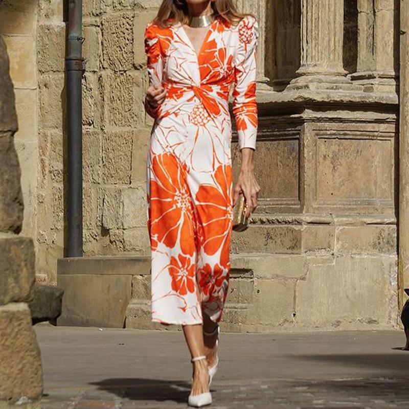 Autumn and winter new best-selling women s fashionable personalized printed long-sleeve mid-length dress S оранжевый