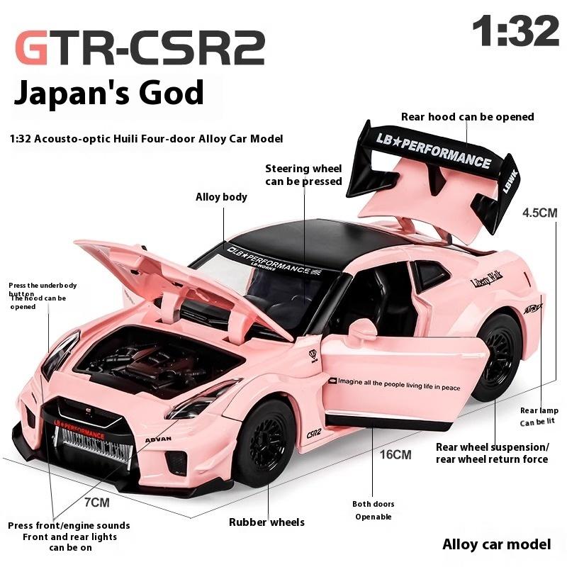 1/32 Scale Skyline Nissan GTR-CSR2 Alloy Sports Car Diecast Metal Model Sound & Light Toy Collect Display Ornament Gift for Boys