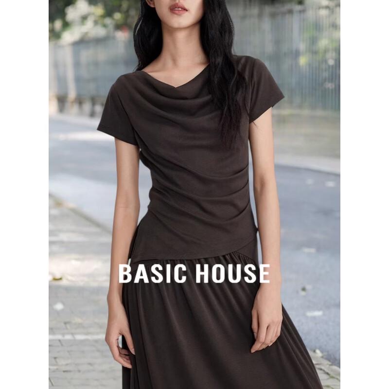 Basic House Women s Cowl Neck Ruched Waist Short Sleeve T-Shirt XL чёрный
