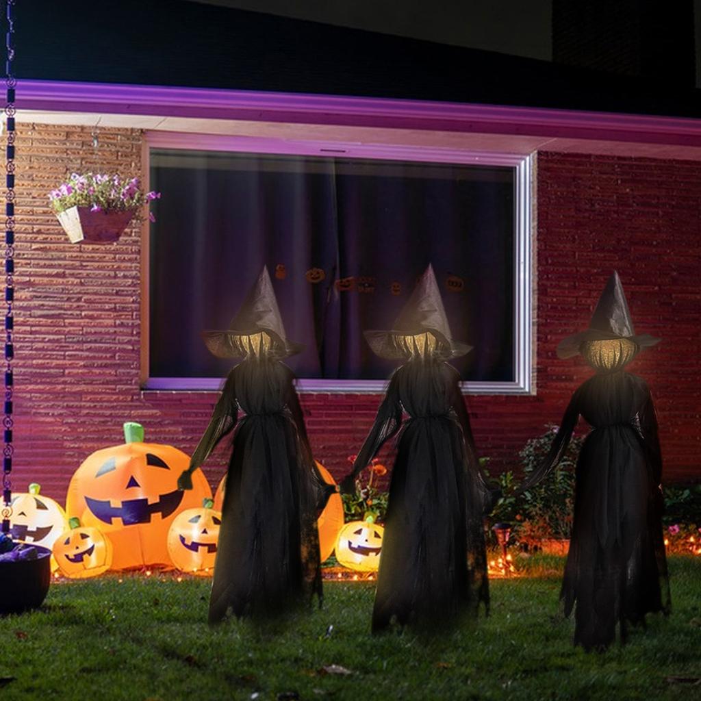 Witches Holding Hands And Glowing Faces - Set Of 3 Witches - 6 Feet Tall - Outdoor Yard Halloween Decoration