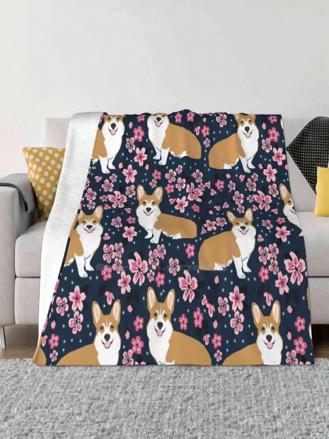 

Corgi Welsh Corgi Cherry Blossom Trees Spring Dog Dogs Dog Breed Dog Pattern Pet Friendly Soft Warm Blanket Sofa_Bed_Travel 75X95CM сірий колір