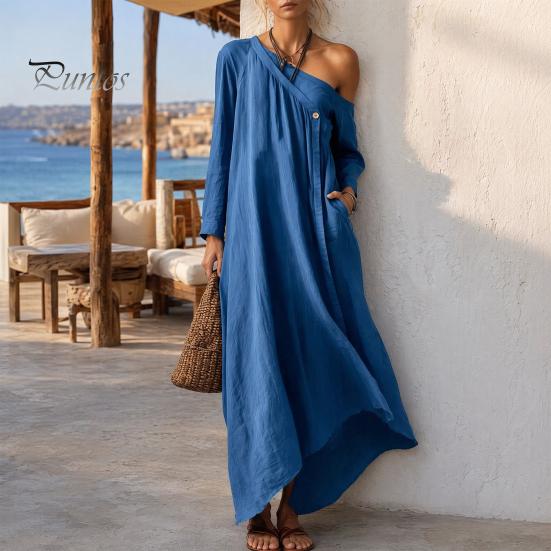 Mid-length Dress Summer Maxi for Women, Casual Loose One Shoulder Long Elegant Sleeve Dress, Flowy Beach Vacation Sundress wwith Pockets Versatile