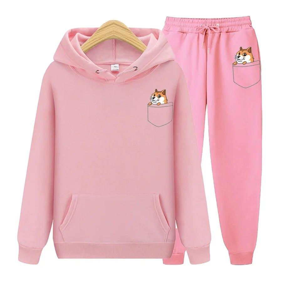 Pocket Cat Women Hoodie Set Fashion Long Sleeve Fleece Hoodie Pant Thick Warm Tracksuit Sportswear Hooded Track Suits Sweatsuit