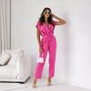 Sexy Slim Waist Wide Leg Jumpsuit Dolman Neck Short Sleeve Polka Dot Solid Color Trousers
