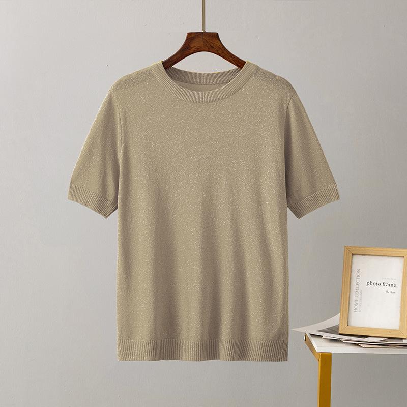 Pletená trička Jednobarevná Kulatý výstřih Krátký rukáv pro ženy Volné pulovrové topy Retro styl Stylové dámské Lesklé ledové hedvábí Šifonové halenky Košile