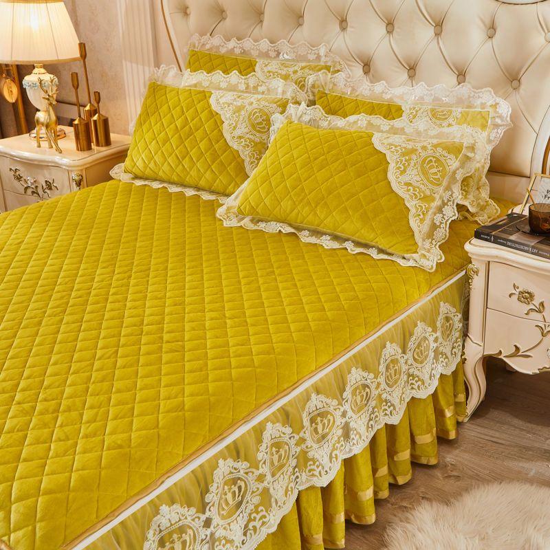 European Style Velvet Bed Skirt Quilt Cover Pillowcase 3pc Suit Thicken Autumn Winter Keep Warm Double Sided Short Plush Bedspread Quilt Cover