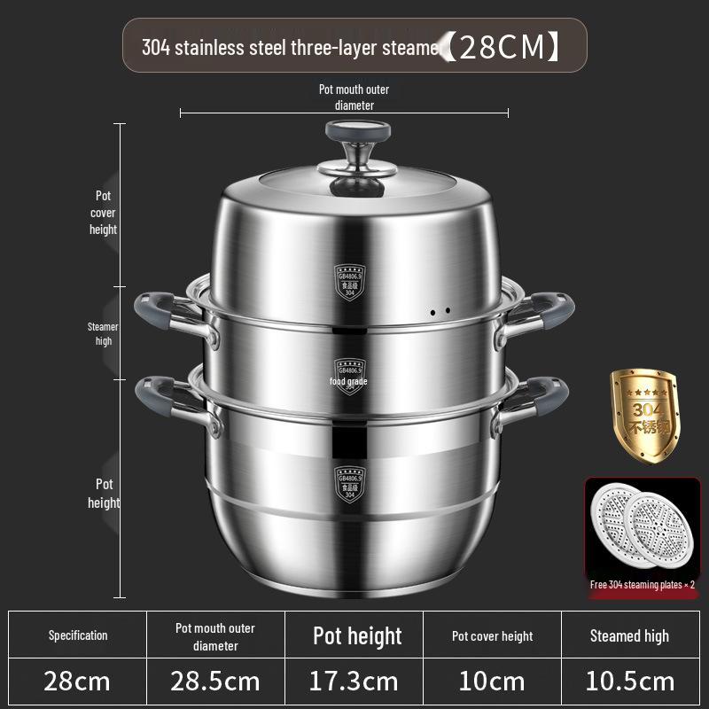 Large Capacity 304 Stainless Steel Steamer Pot with Thickened Multi-Layer Steaming Baskets for Household Use