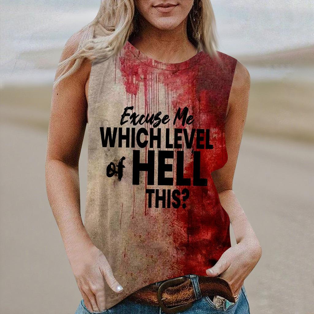 Women's Round Neck Casual Sleeveless Halloween Printed Vest T-Shirt Top