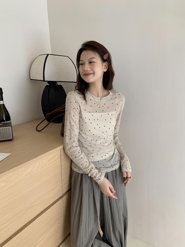 Women's Layered Polka Dot Long Sleeve T-shirt - Spring/Summer 2024 See-through Slimming Design