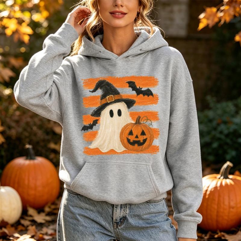 Cute Ghost Witch Hat Pumpkin Bat Hooded Top Women Spooky Season Preppy Style Autumn Pullover for Halloween Night Event Clothing