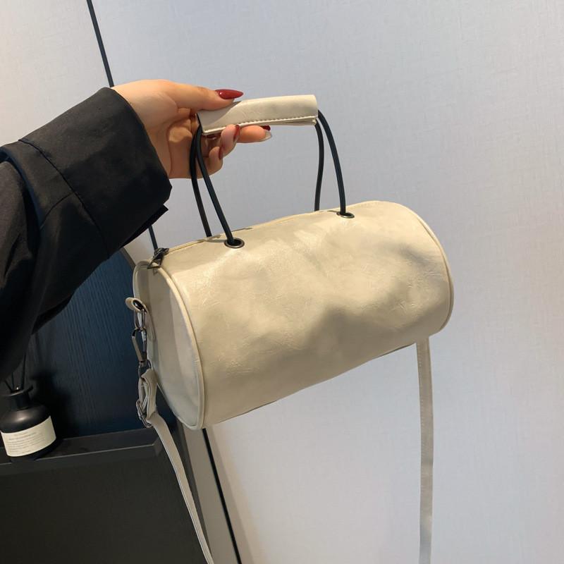 Stylish Fashionable 2024 Womens Solid Color Pu Leather Handbag Trendy Street Style Cylinder Bag