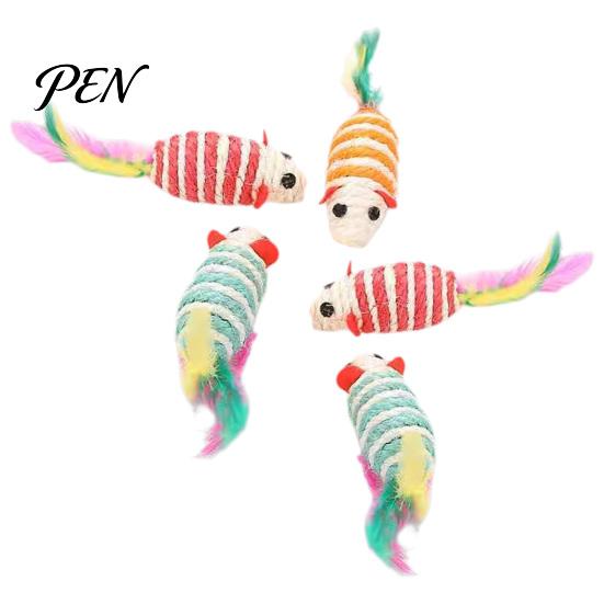 Aggressive Chewing Toys for Cats Colorful Mouse Cat Toys, Jute Rope Chew Feather Mice Realistic Tail Toy Kitten Teeth Cleaning Indoor Exercise