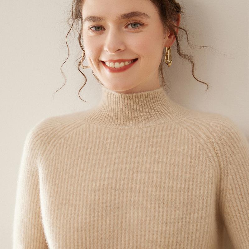 Women's Cashmere Raglan Sleeve Half-High Neck Sweater - Thickened Garter Stitch Knitwear, Versatile and Casual
