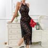 Sexy Camisón Negro de Encaje Halter Espalda Descubierta Abertura Alta Corte Ajustado Agradable a la Piel Vestido Largo 786 Ropa de Dormir Audaz Sofisticada con una Dramática Abertura Alta