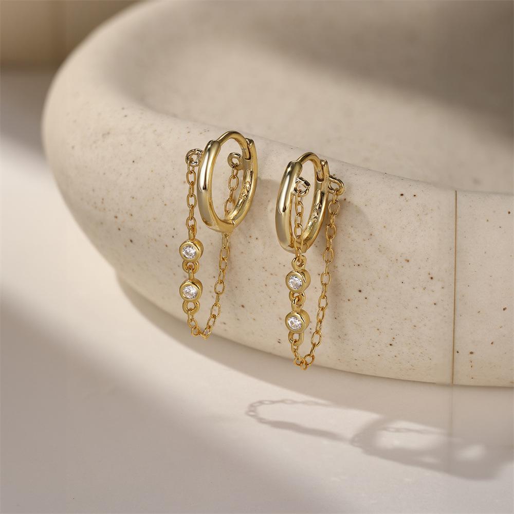 Factory Cheap 925 Sterling Silver Diamond by the Yard Long Tassel Chain Gold Plated Dangling Hoop Earrings for Women