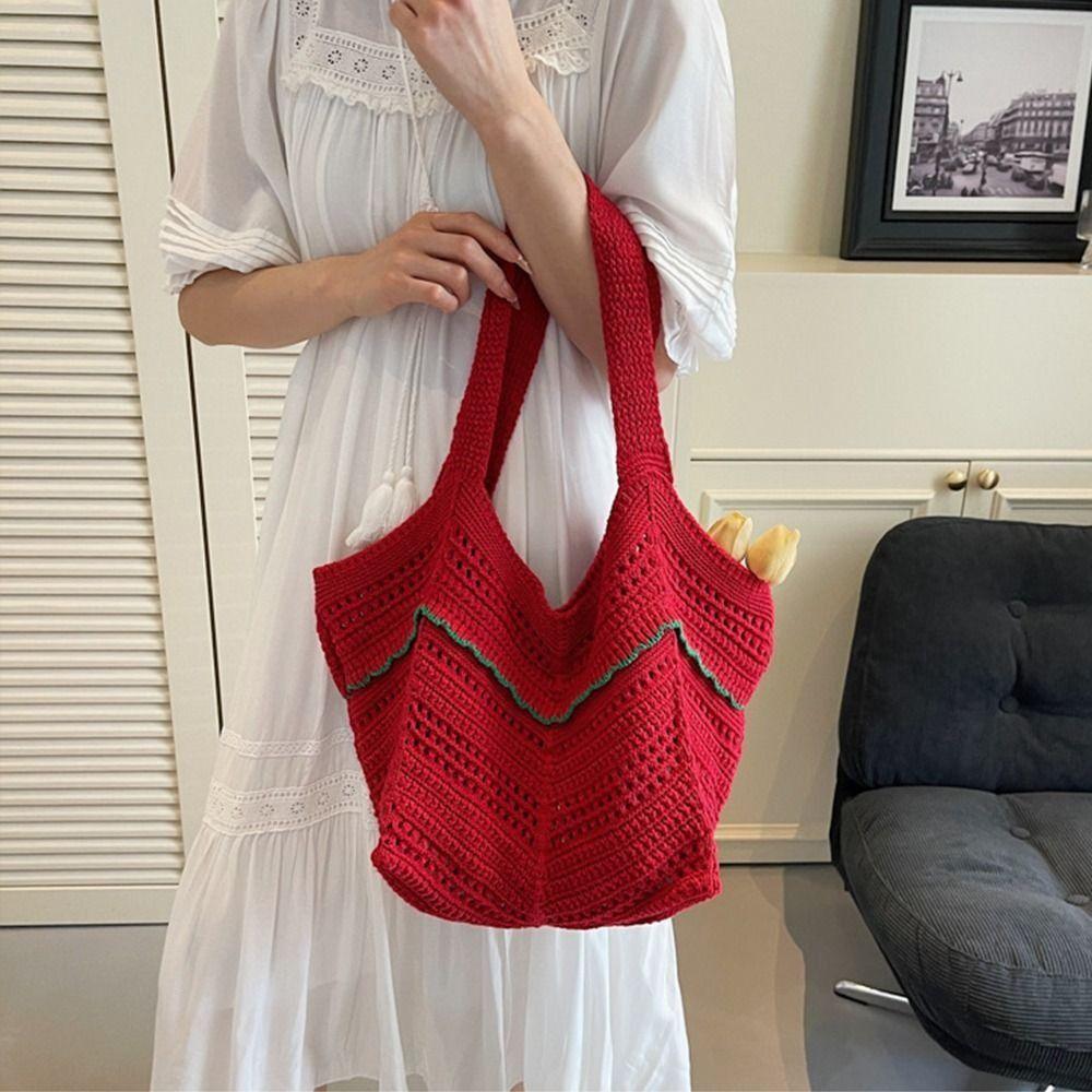 Korean Style Hollow Out Knitted Weave Bag Solid Color Knitted Shoulder Bag Crochet Tote Bag  Daily