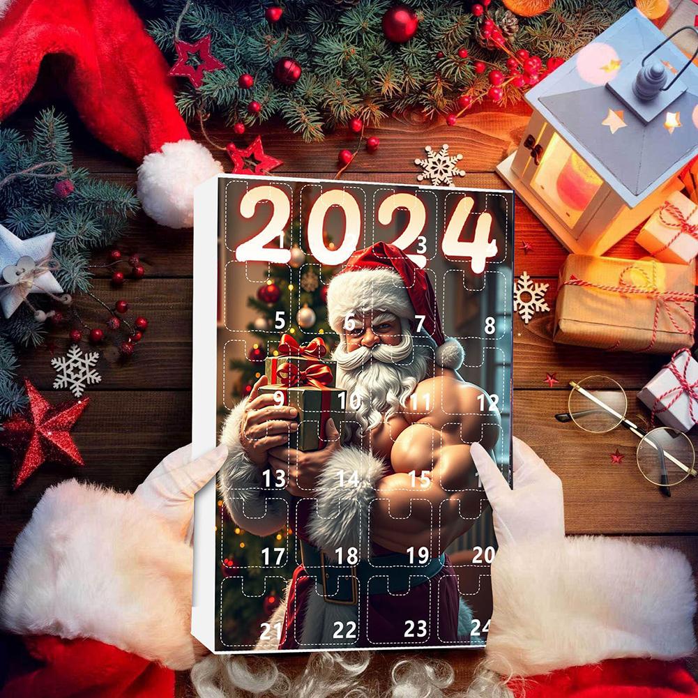 24-dniowy kalendarz odliczający do świąt Bożego Narodzenia Muskularny stary człowiek Kalendarz odliczający do świąt Bożego Narodzenia 2024 z 24 szt. 2D akrylowych wiszących ozdób