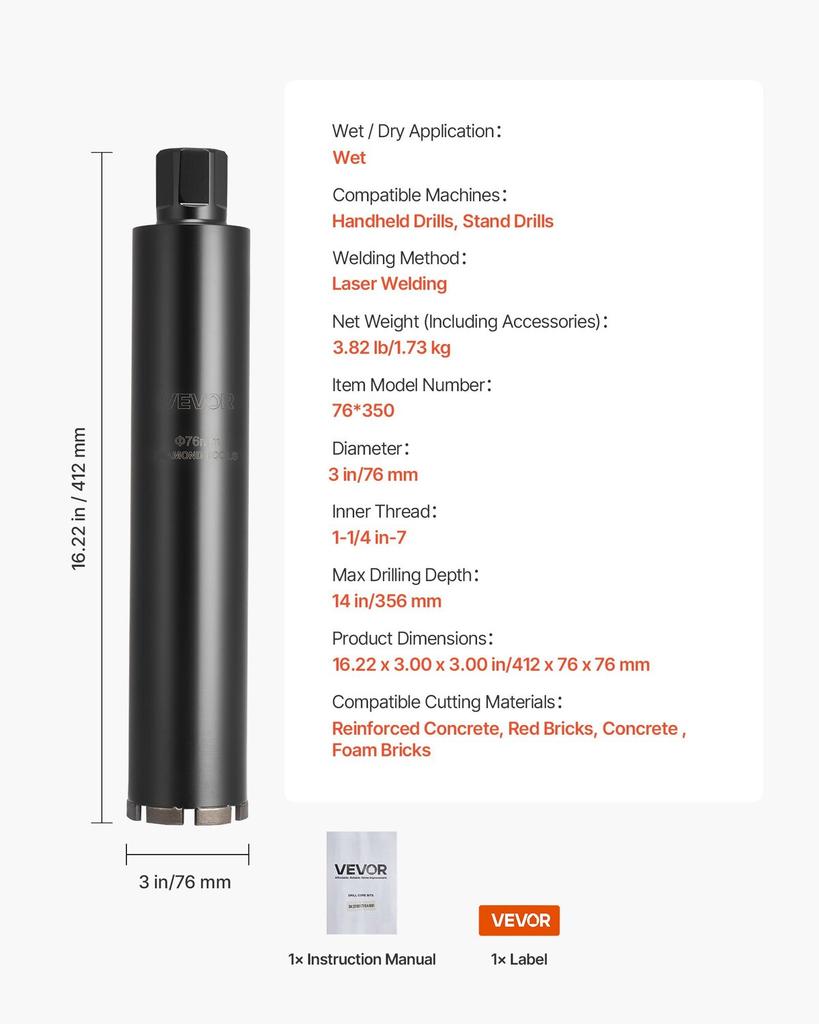 Core Drill Bit, 76 mm Diameter, 356 mm Drilling Depth, 1-1/4 in-7 Internal Thread, High-Precision Welding Technology, Wet Diamond Core Bit for