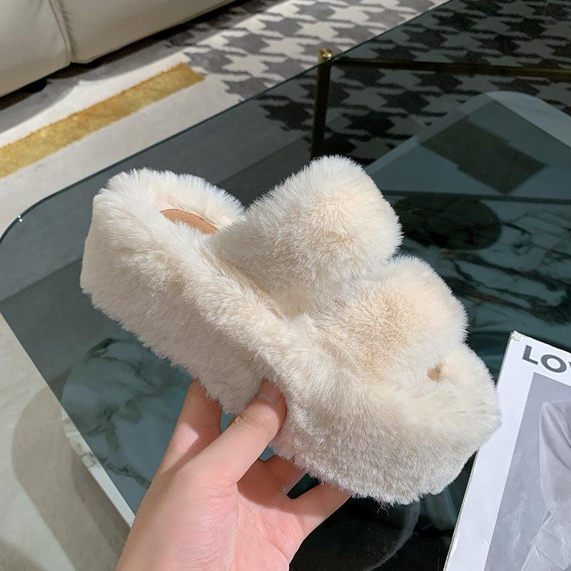 Thick bottom heightening one-word fluffy slippers women's outer wear ins home explosion non-slip versatile autumn and winter cotton slippers