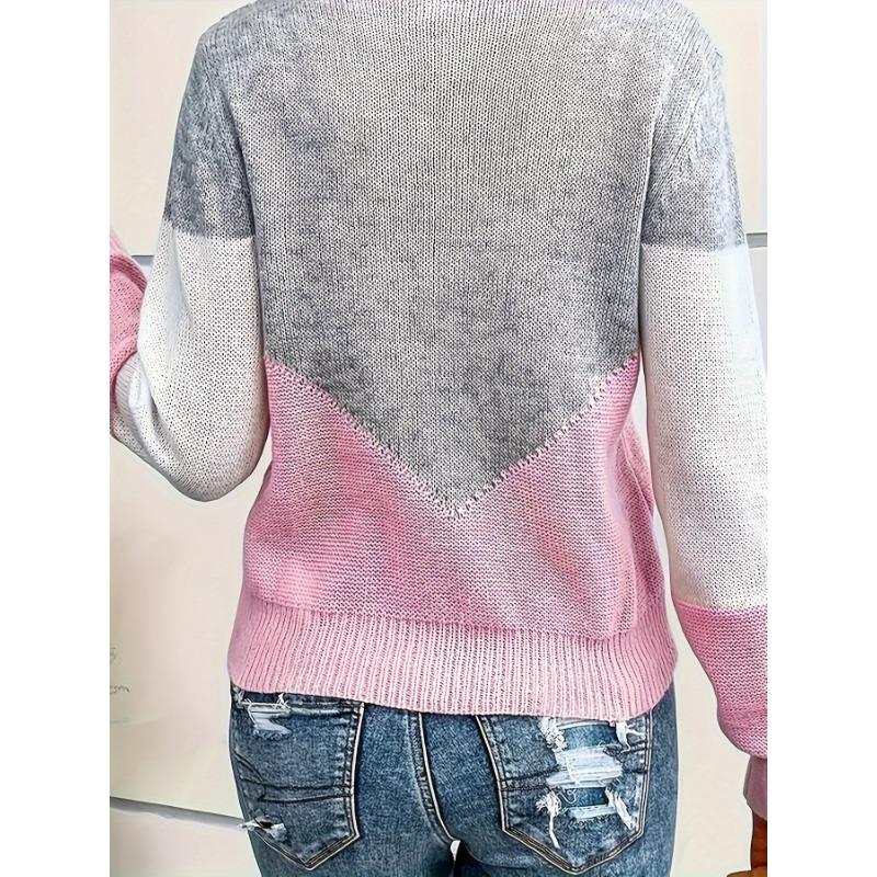 [Kuscheliger Pullover] Kuscheliger Farbblock Damen Casual V-Ausschnitt Pullover | Langarm-Pullover mit gerippten Bündchen, Herbst-/Winter-Oberteil für Freizeitkleidung