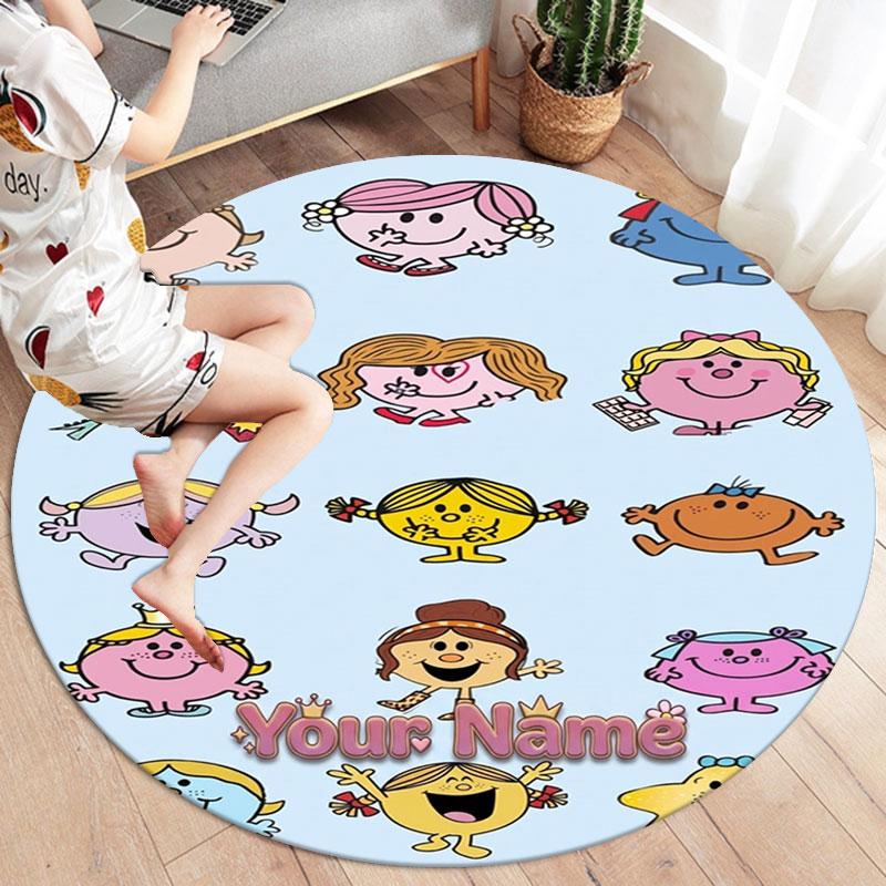 Mr. Men Little Miss Custom Name Round Area Rug,Carpet Rug for Living Room Bedroom Sofa Playroom Decor,Non-slip Floor Mat