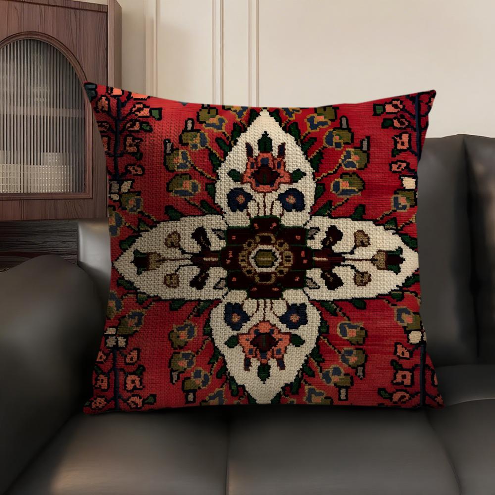 Persian Rug Pattern Classical Cushion Cover Natural Linen Organic Fabric Double-Sided Printing Sofa Home Decor Gift Pillow Case