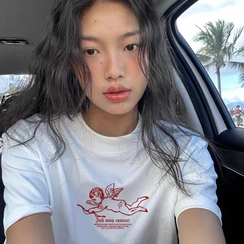 American Retro Sports Angel Illustration Pure Cotton Short Sleeve Girlish Style T-shirt for Women