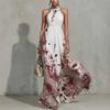 Women's Halter Neck Sleeveless High Waist Leopard Floral Print Maxi Dress Elegant Party Dress