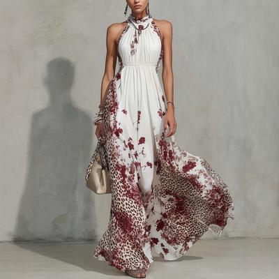 Dames Halter Nek Mouwloos Hoge Taille Luipaard Bloemenprint Maxi Jurk Elegante Feestjurk