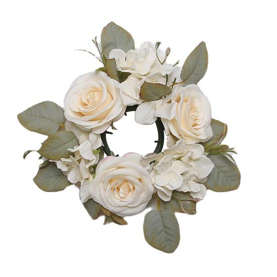 Artificial Rose Wreath Candle Ring Realistic Mini Faux Rose Garland with Plastic Base Candle Wine Decoration Weddings Party Dining Table Centerpiece
