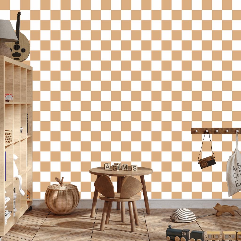 Checkerboard wallpaper white and gold, cream background for living room and bedroom 50x1000