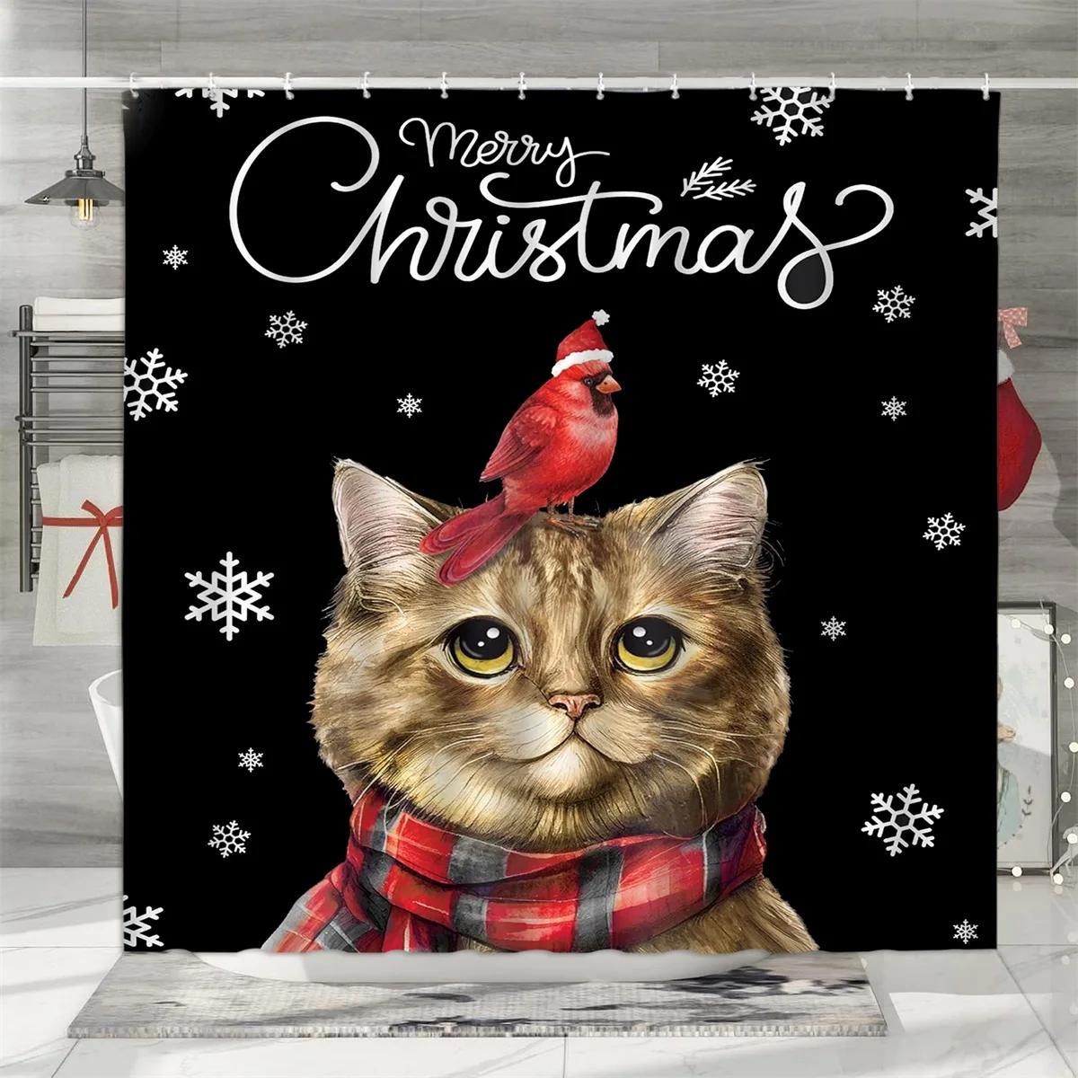

Unframed Christmas Shower Curtain, Winter Holiday Farm Snowman Santa Claus Christmas Tree Farmhouse Christmas Balls Bathroom Dec W60H190(CM)-1 Pcs