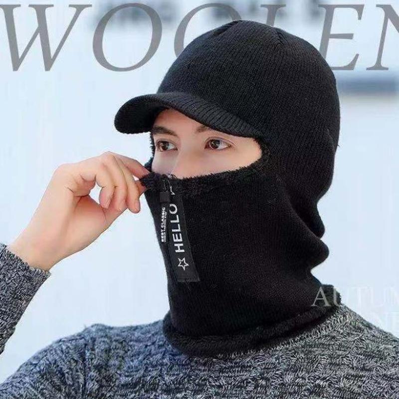 Men's Winter Knitted Hat with Zipper and Fur Lining To Keep Warm with Brim and Velvet Warm Ear Protection