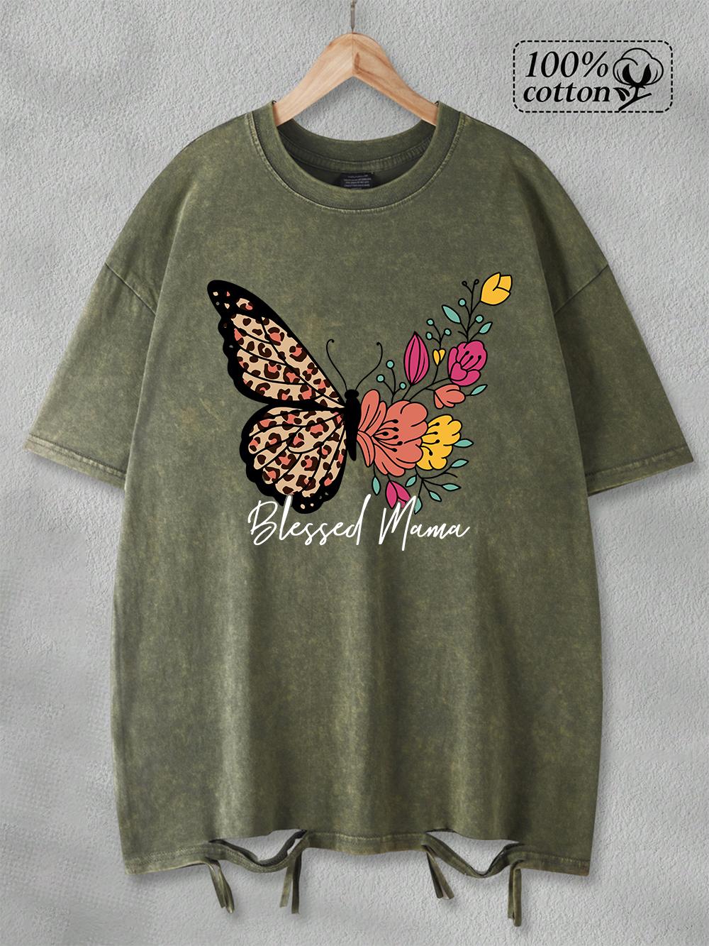 

Oversized Washed TShirt Women Cotton Blessed Mama Butterfly Prints Tops Summer Comfortable ONeck Streetwear Vintage Clothes S