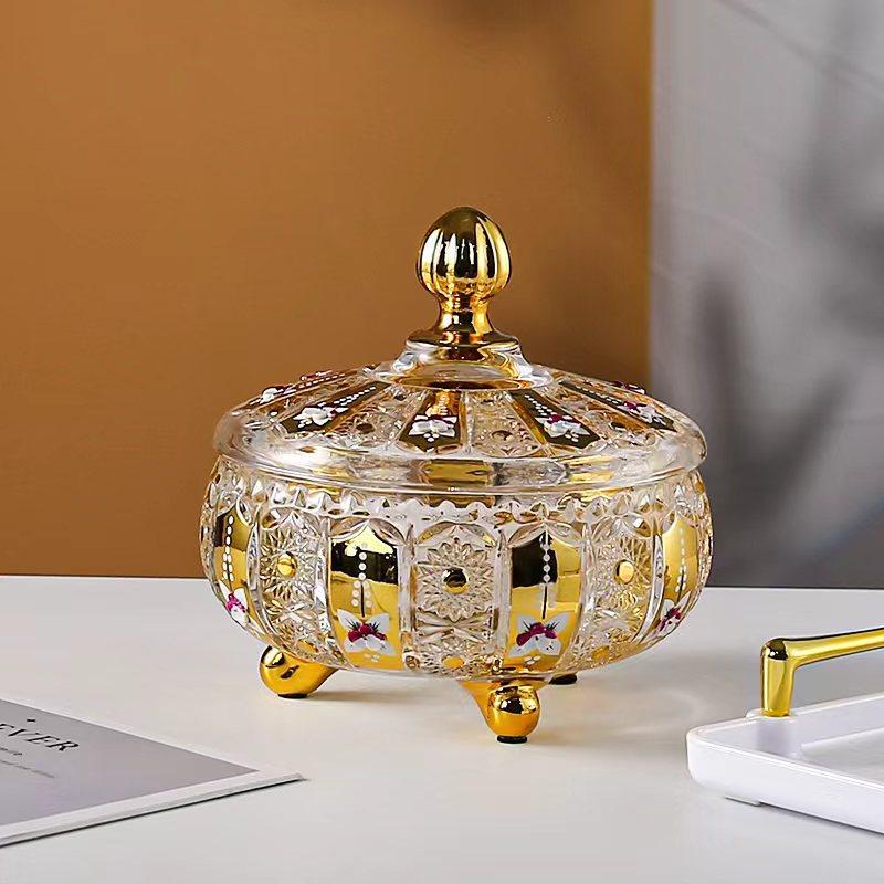 Crystal Glass with Lid Sugar Jar Candy Jar Transparent Color Colored Enamel Color Gold Edge Ashtray Modern Fruit Plate