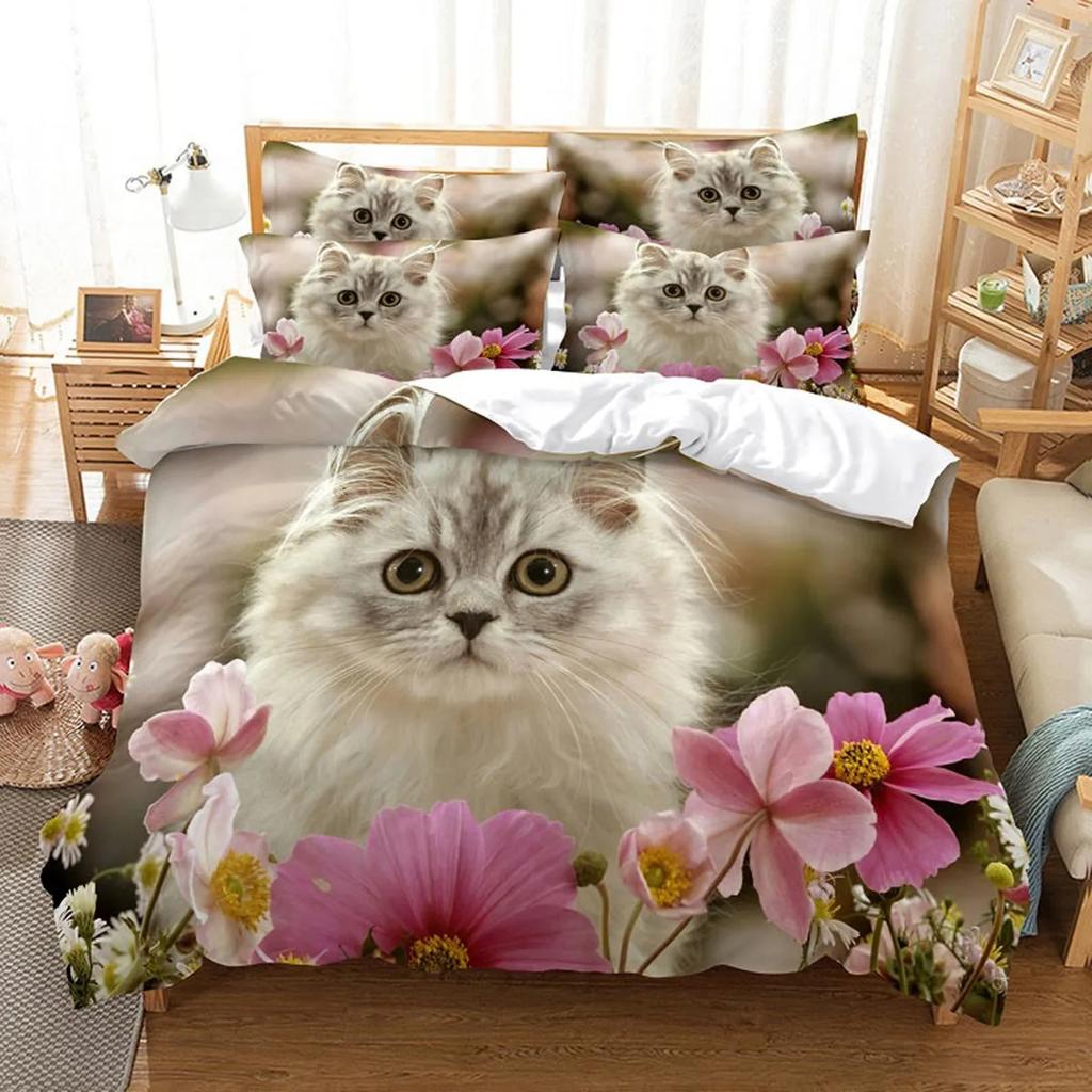3D Cat Cute Kitten Bedding Sets Quilt Bed Cover Comforter Duvet Cover Pillow Case 2-3 Pieces Sets Kids Adult Bedroom Decoration