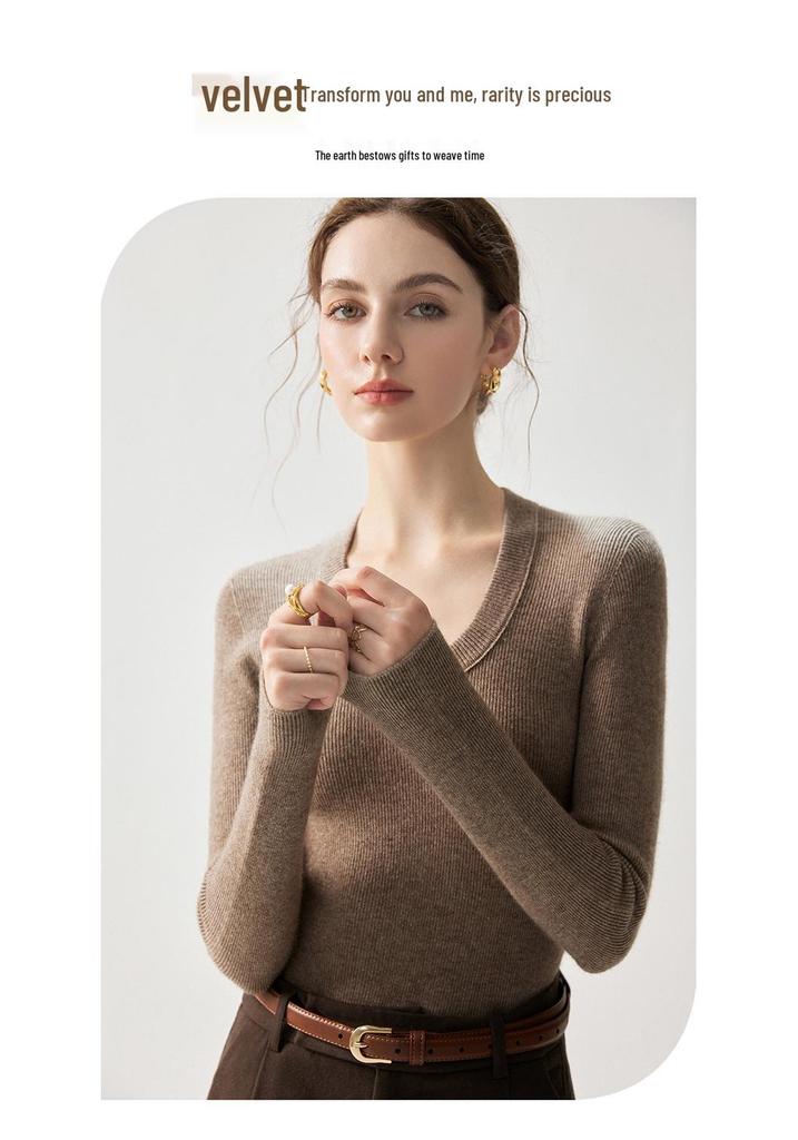 V-neck Women's Slim-fit Cashmere Sweater - 2026 Autumn/Winter Ribbed Elegant Solid Color Pullover