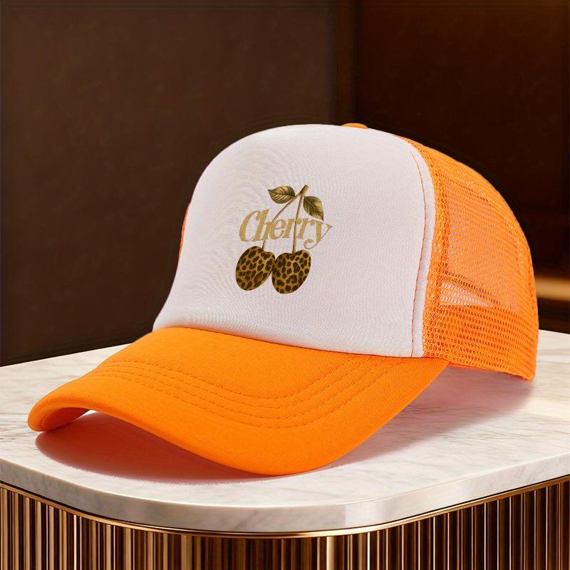 Leopard Cherry Print Trucker Hat Mesh Adjustable Baseball Cap Casual Summer Unisex