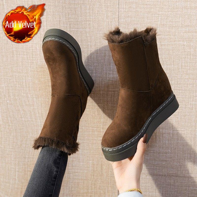 

Модная женская обувь Массивные полувысокие платформы До середины икры Женские зимние ботинки Коричневая замша Дизайнерская роскошь в продаже Утепленные плюс теплый мех ягненка 39 40
