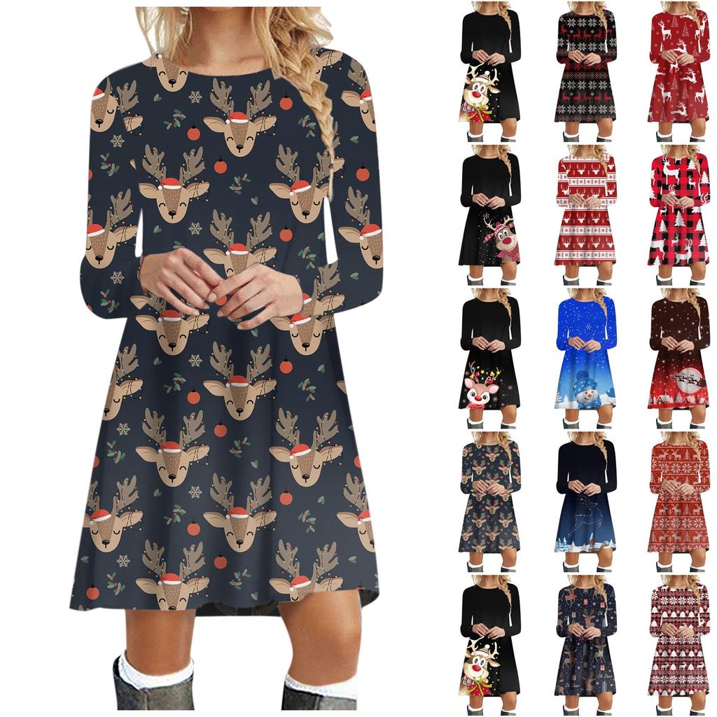 Women's Autumn And Winter Round Neck Long Sleeve Christmas Print Dress