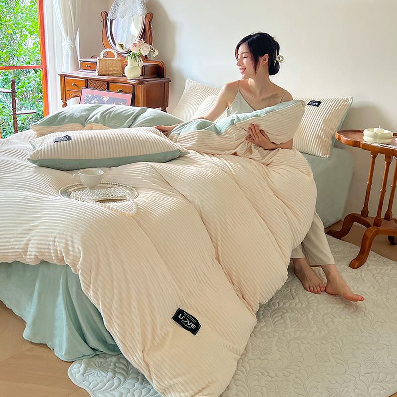 High Quality Milk Magic Velvet Winter Warm Thickened Double-sided Duvet Cover Coral Velvet Bed Hats Pillowcase Duvet Cover Four-piece Set