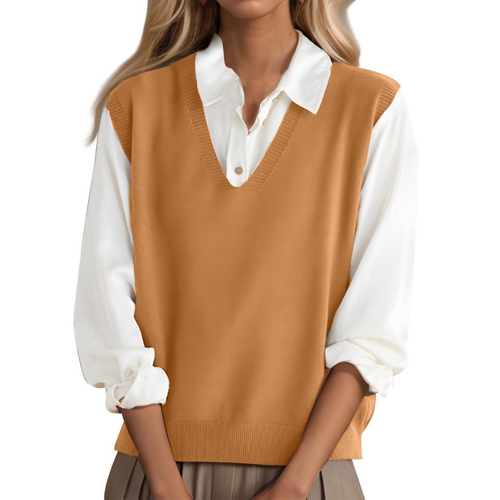 Women’s V Neck Knitted Sweater Vest Loose Fit Pullover Sleeveless Top with Ribbed Hem for Layered Outfits Casual Wear