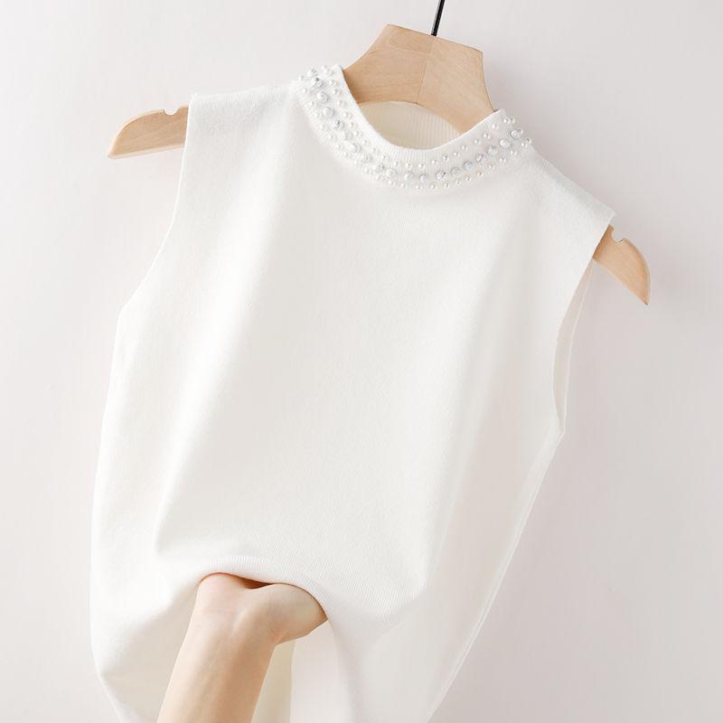 Maglia aderente con colletto alto e perline da donna, con fondo primaverile